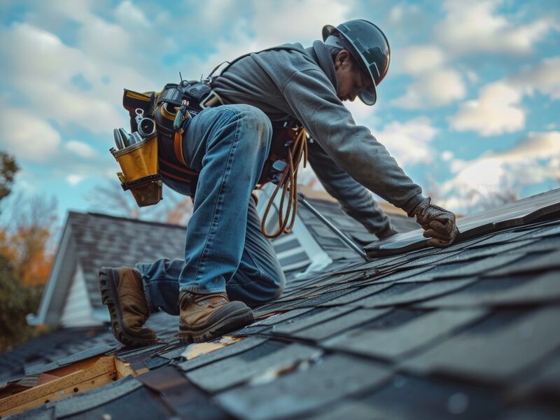 Roofing crew performing roof repairs on a residential home