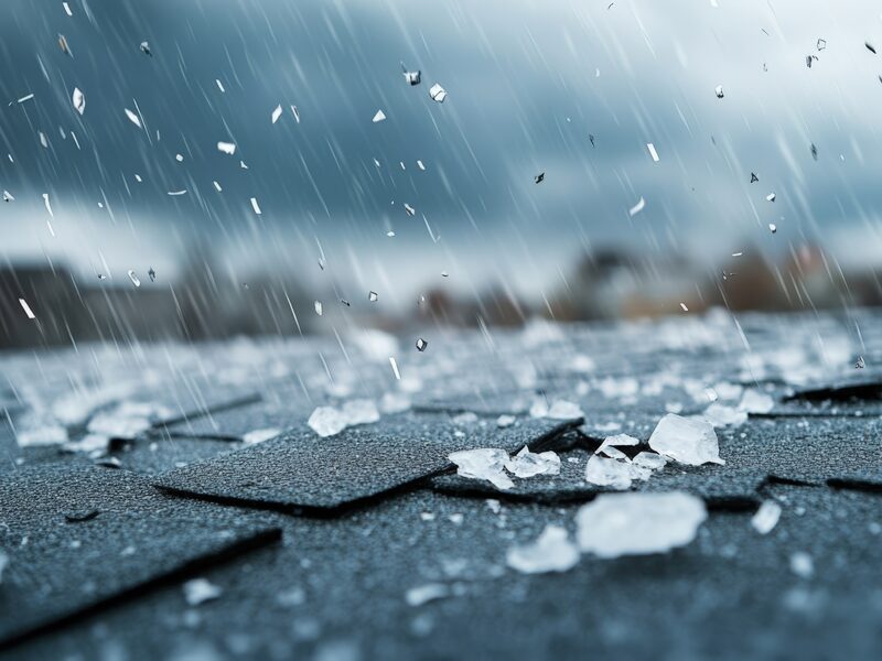 Residential rooftops with storm and hail damage